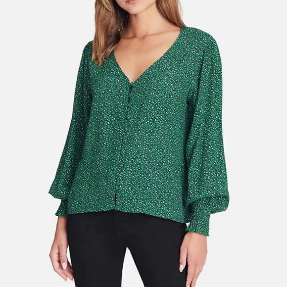 Sanctuary NOELLE Green Animal Print Smocked Cuff V Neck Button Front Blouse - Picture 1 of 15